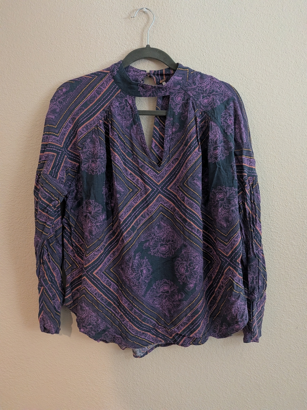 Free People Navy and Purple Printed Keyhole Peasant Blouse